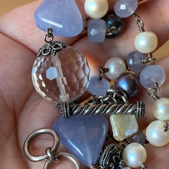 VINTAGE LORI BONN CLEAR QUARTZ CRYSTAL CHALCEDONY PEARL STERLING SILVER NECKLACE